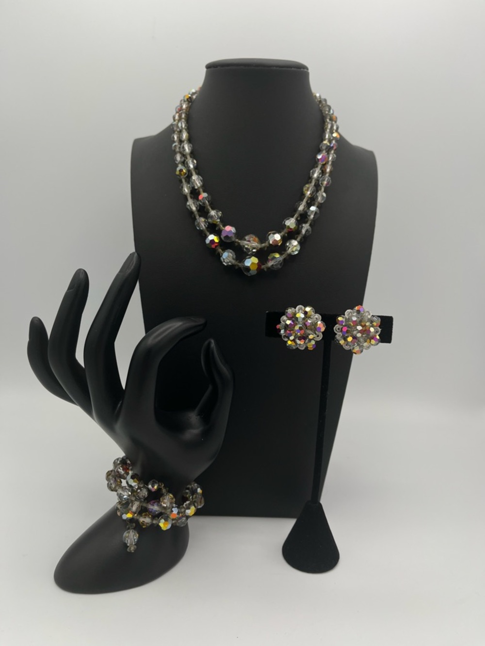 Mint 1950s Smokey Grey Aurora Borealis Crystal Full Parure Set